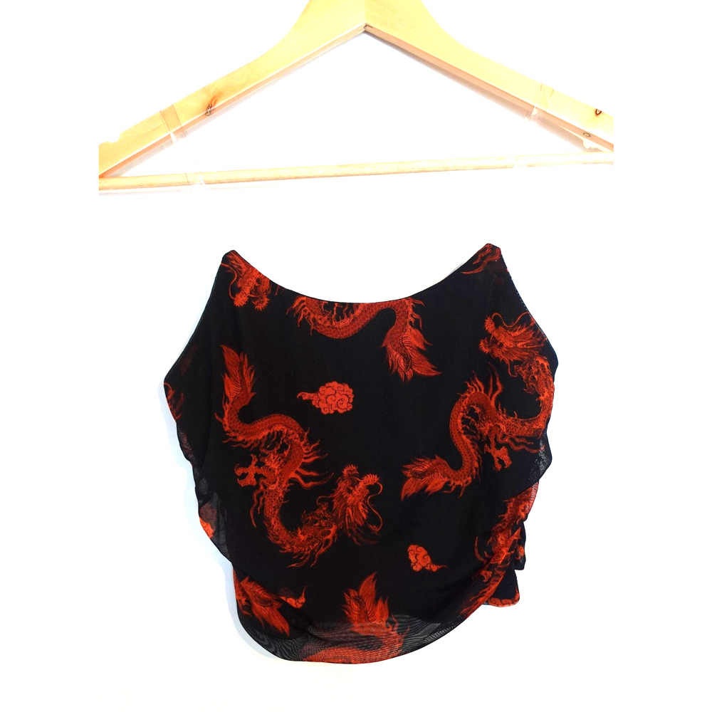 Y2K Tank‎ Top Medium Black Dragon Print Sheer Mesh Grunge Goth Punk Cropped Cami